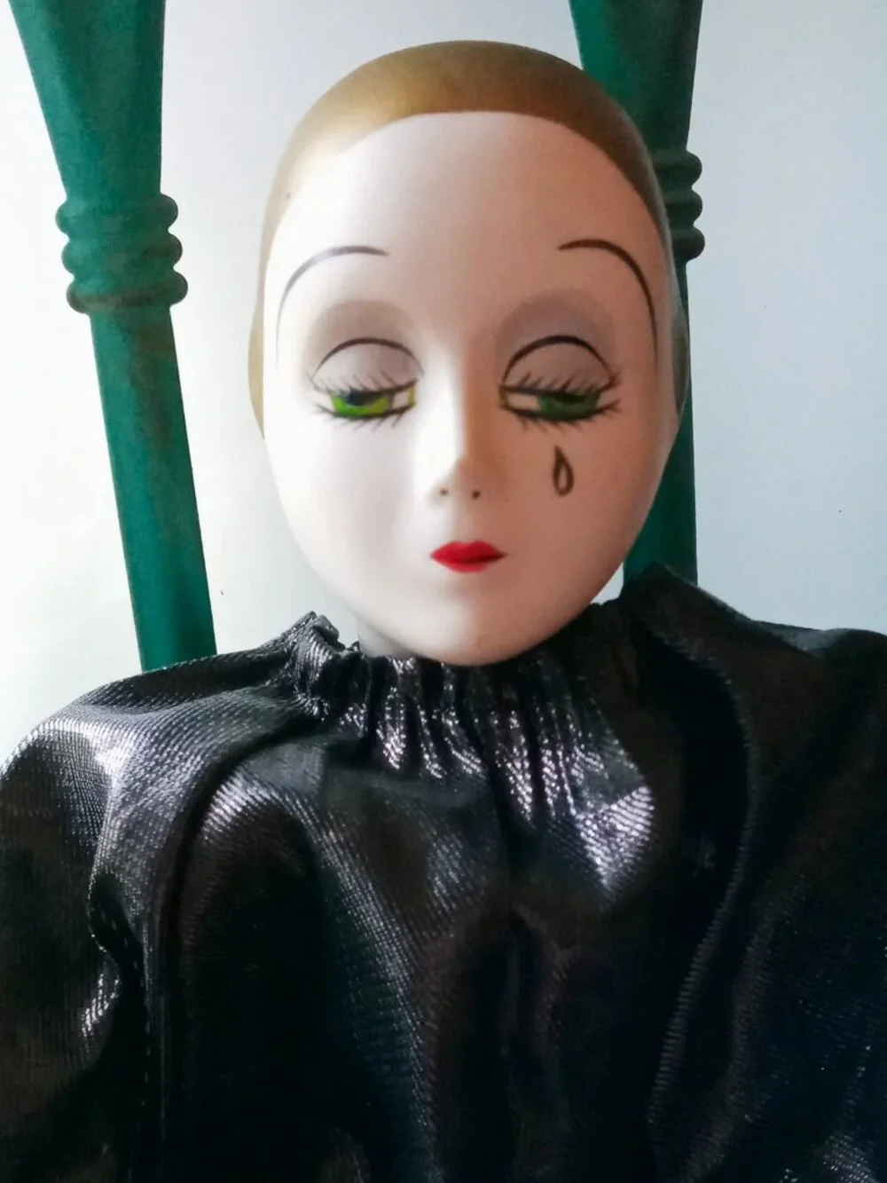 Stunning Vintage Pierrot Porcelain Clown Doll Black Silver Costume Teardrop Face